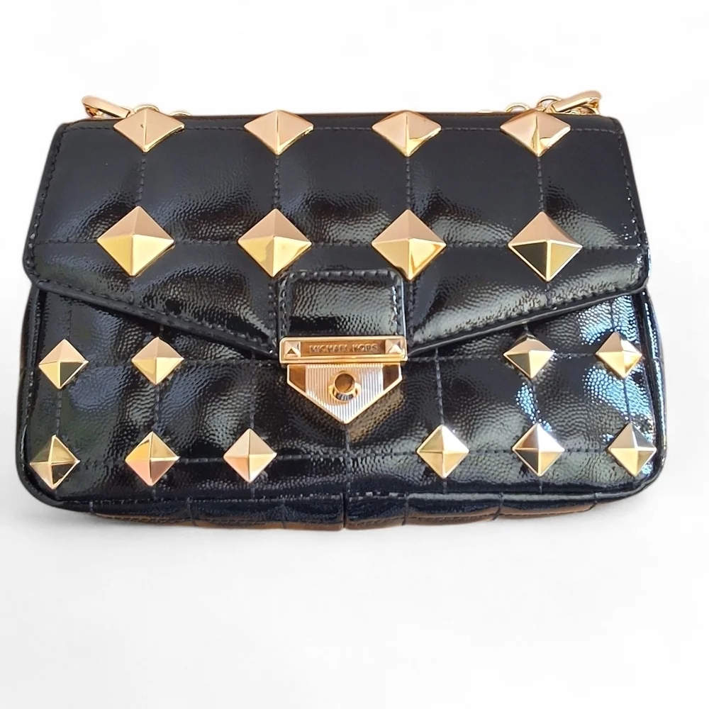 Michael Kors Whitney Studded Patent Leather Shoulder Bag Black Gold